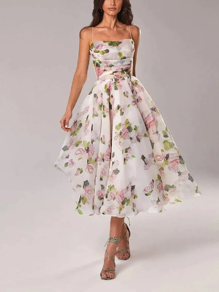 Abito midi donna fluido con stampa floreale e spalline sottili