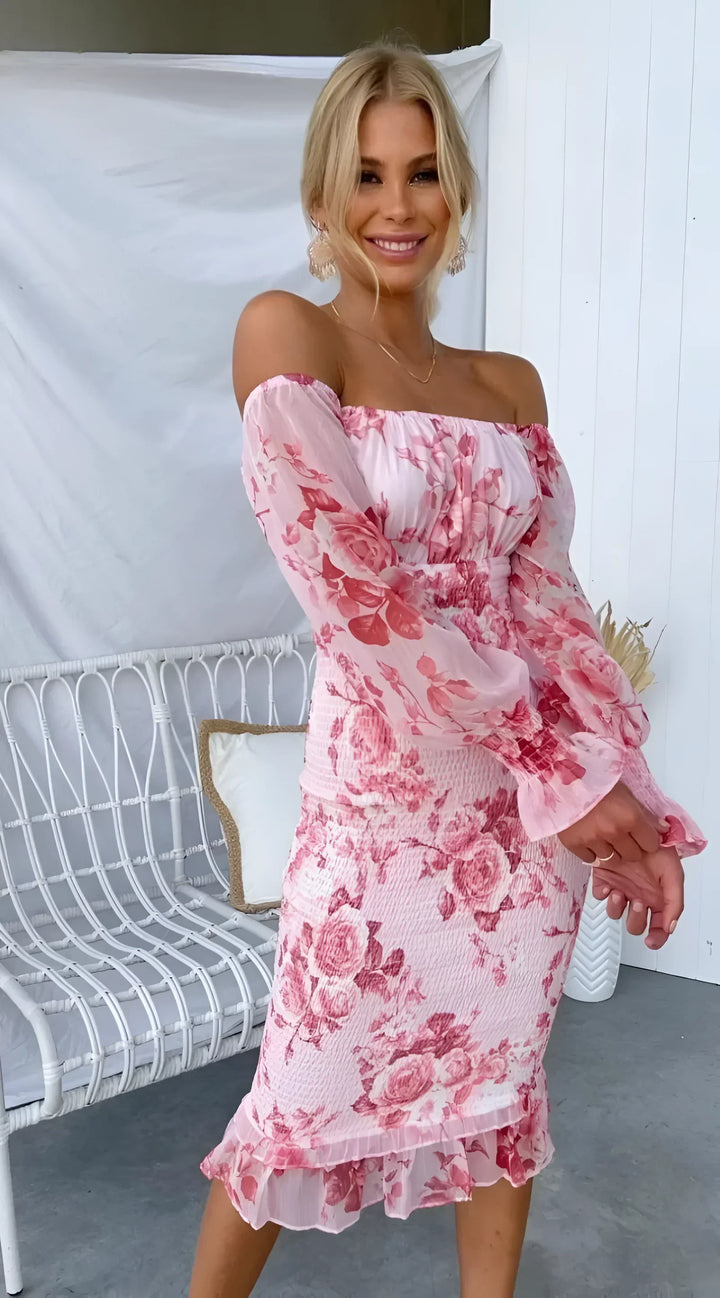 Abito midi donna floreale con Spalle scoperte e maniche lunghe