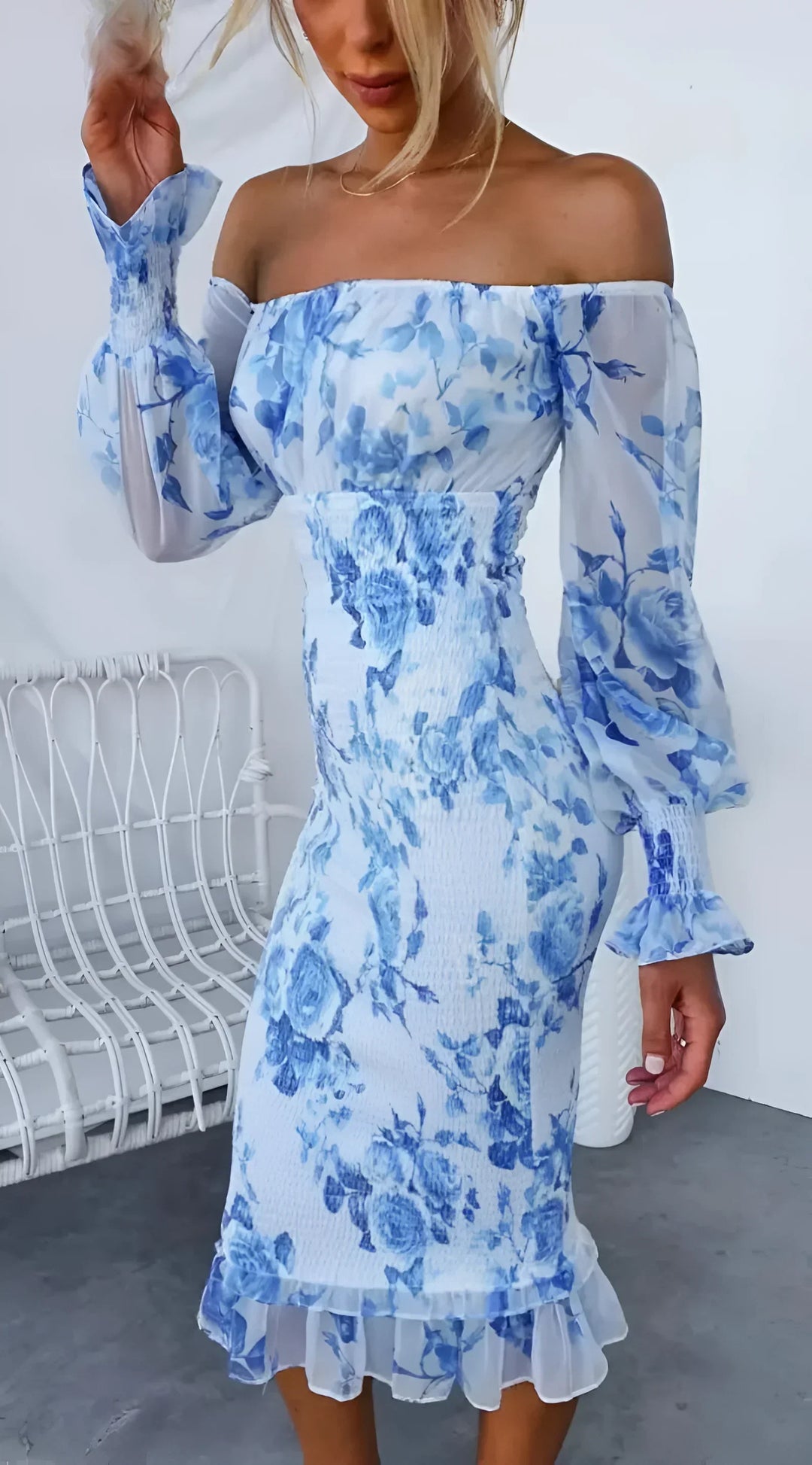Abito midi donna floreale con Spalle scoperte e maniche lunghe