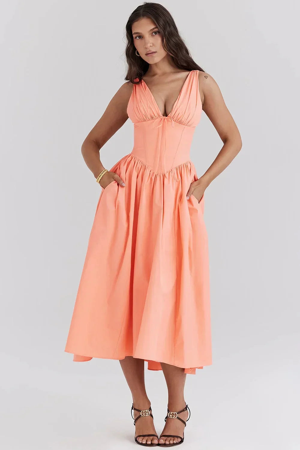Abito midi donna svasato scollo a V con motivi floreali