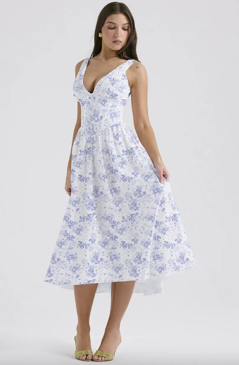 Abito midi donna svasato scollo a V con motivi floreali