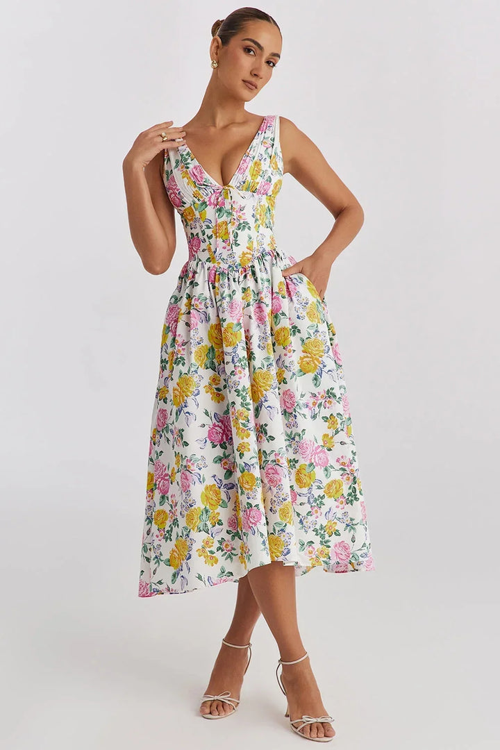 Abito midi donna svasato scollo a V con motivi floreali