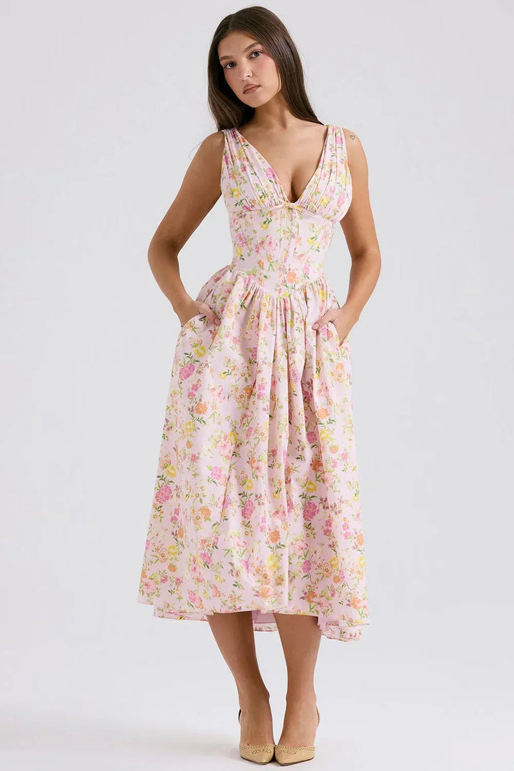 Abito midi donna svasato scollo a V con motivi floreali