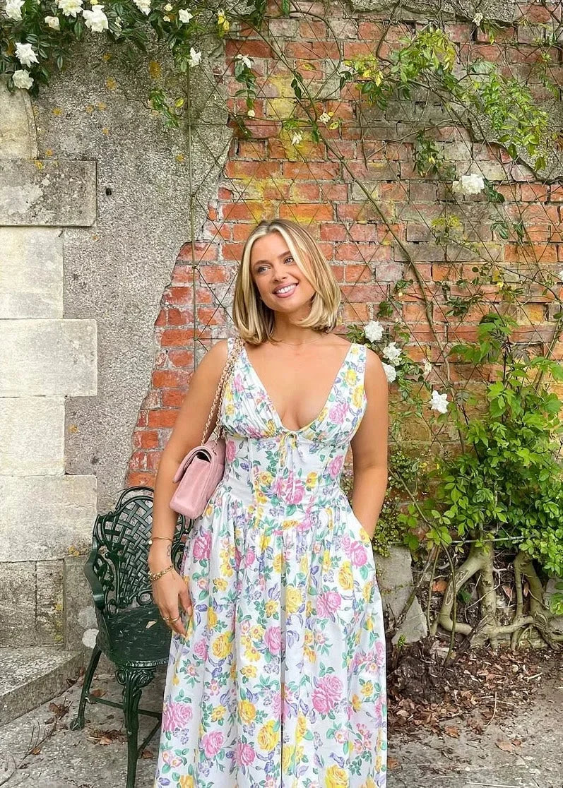 Abito midi donna svasato scollo a V con motivi floreali