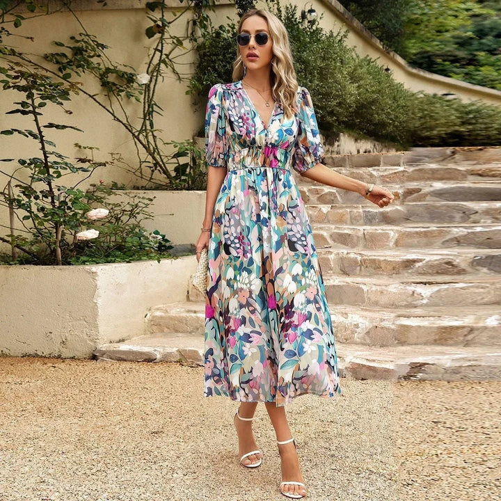 Abito midi donna con stampa floreale scollo a V e maniche corte
