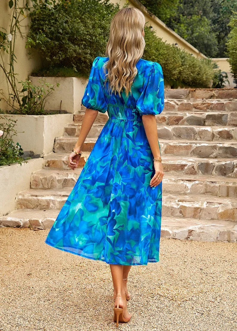 Abito midi donna con stampa floreale scollo a V e maniche corte