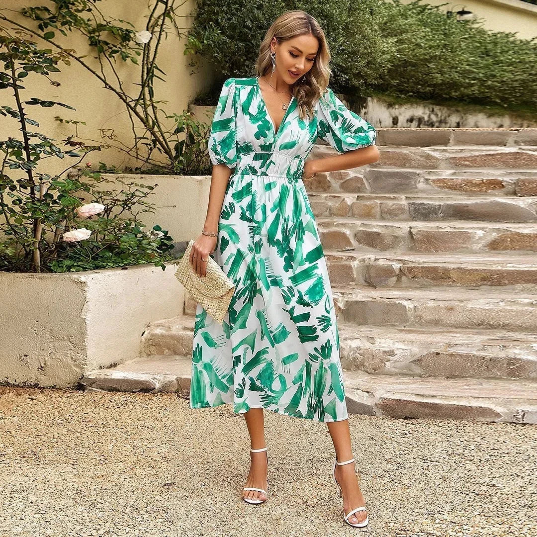 Abito midi donna con stampa floreale scollo a V e maniche corte