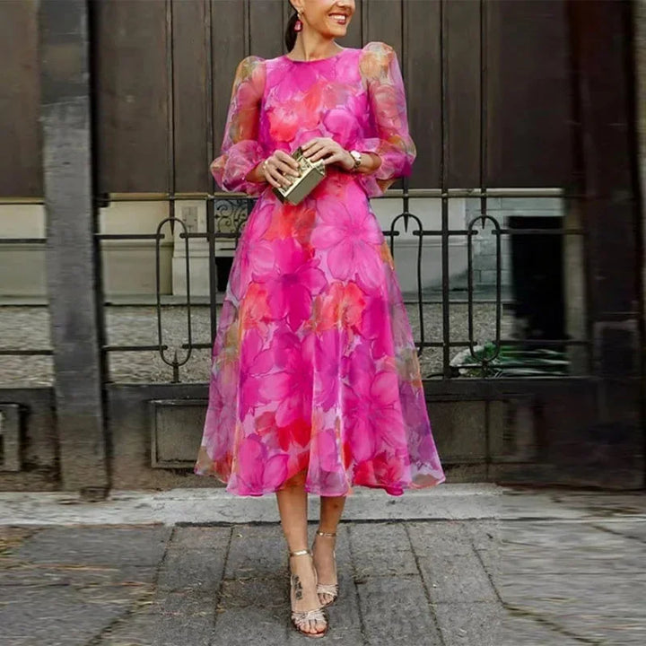 Abito midi donna floreale maniche lunghe in tessuto leggero