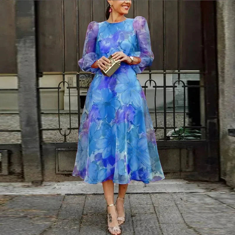 Abito midi donna floreale maniche lunghe in tessuto leggero