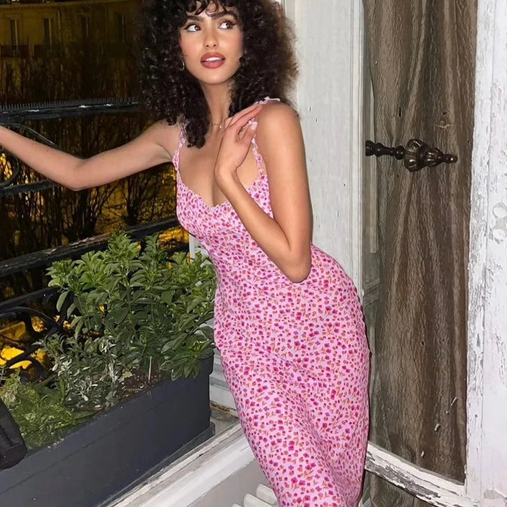 Abito midi a fiori rosa scollo a cuore spalline estate