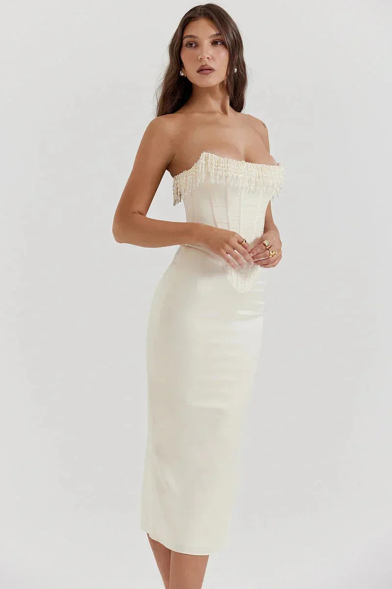 Abito midi bustier avorio donne con perle da sera