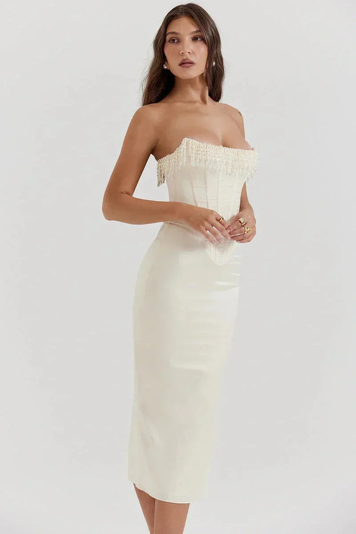 Abito midi bustier avorio donne con perle da sera