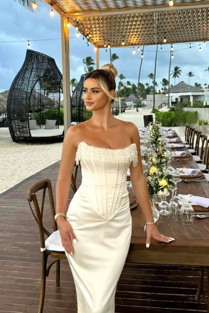 Abito midi bustier avorio donne con perle da sera