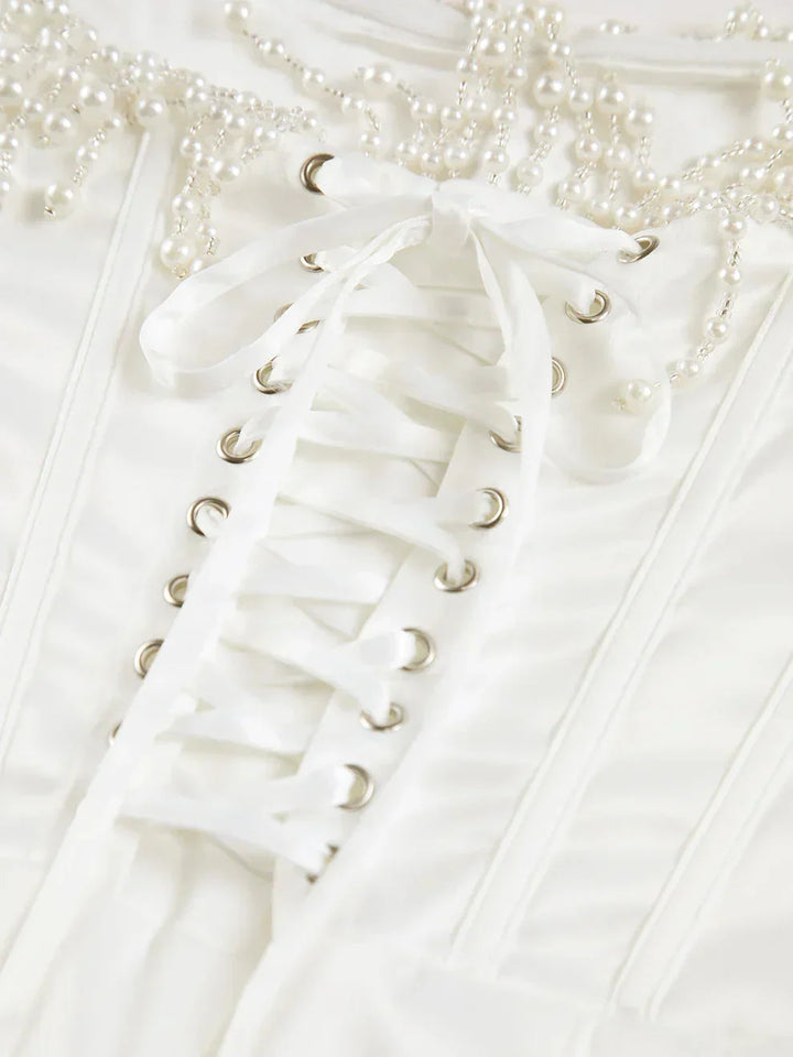 Abito midi bustier avorio donne con perle da sera