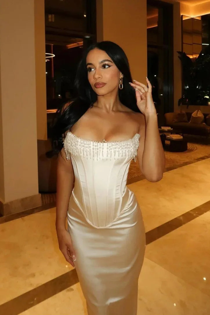 Abito midi bustier avorio donne con perle da sera