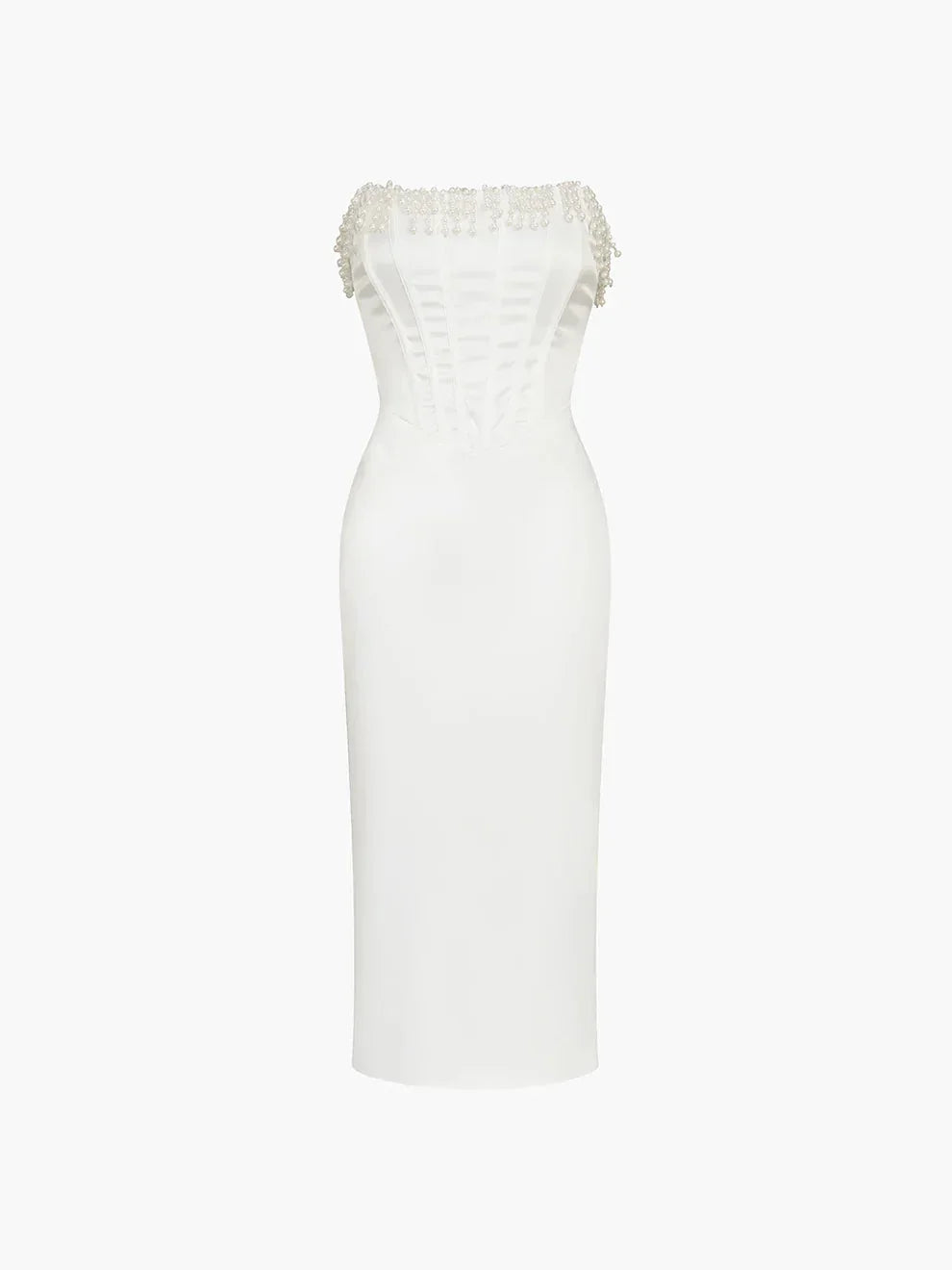 Abito midi bustier avorio donne con perle da sera