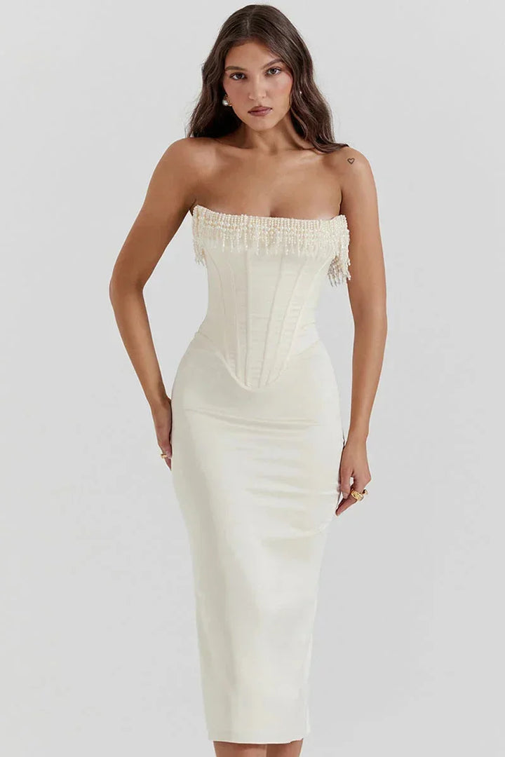 Abito midi bustier avorio donne con perle da sera