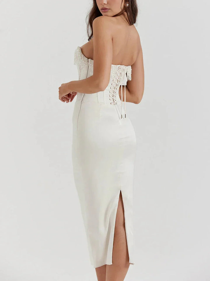 Abito midi bustier avorio donne con perle da sera