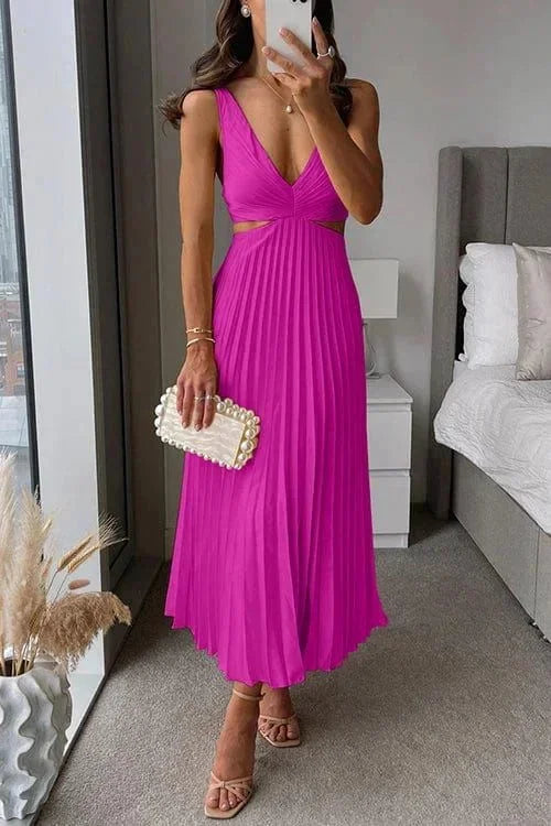 Abito midi donna plissettato con intagli scollo a V senza maniche