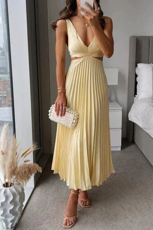 Abito midi donna plissettato con intagli scollo a V senza maniche