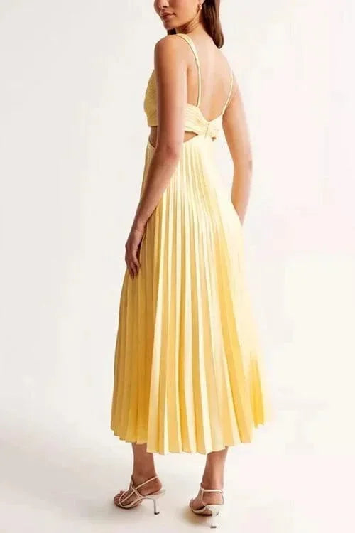 Abito midi donna plissettato con intagli scollo a V senza maniche