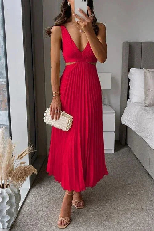 Abito midi donna plissettato con intagli scollo a V senza maniche