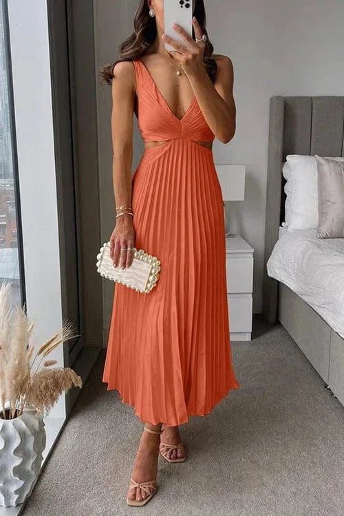 Abito midi donna plissettato con intagli scollo a V senza maniche