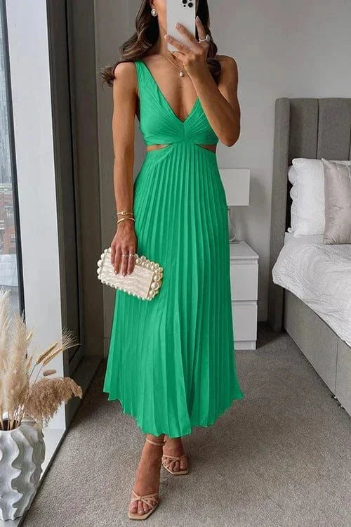 Abito midi donna plissettato con intagli scollo a V senza maniche