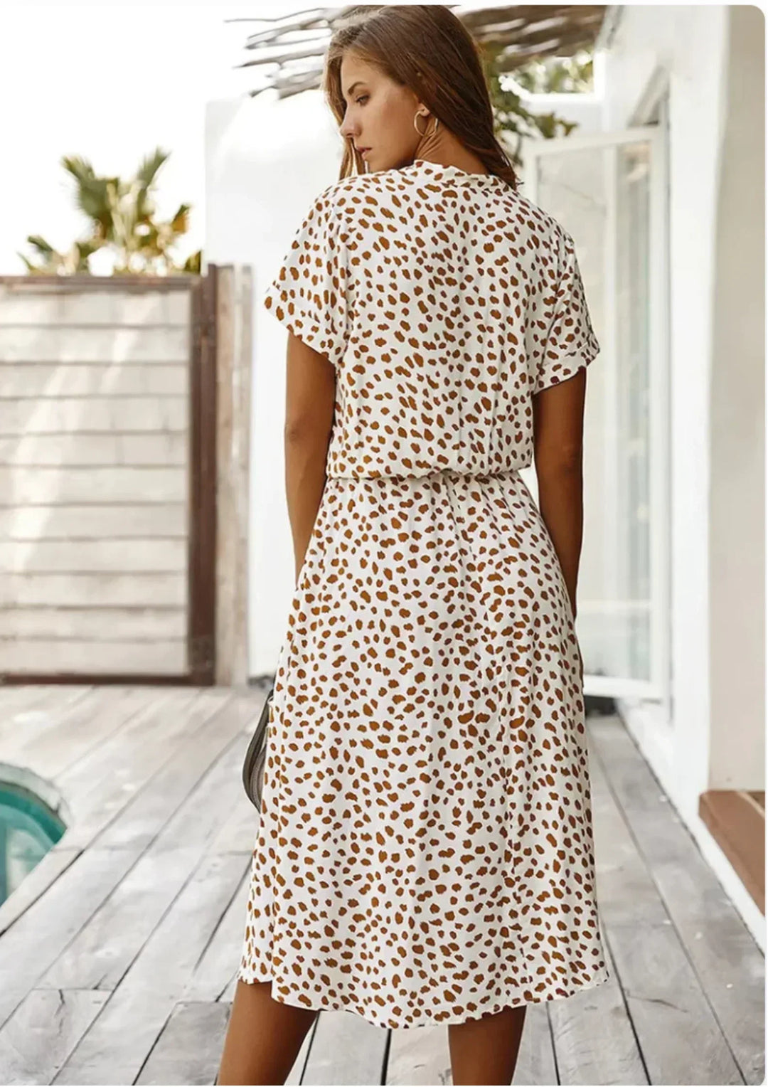 Abito midi donna a pois con laccetto in vita e maniche corte