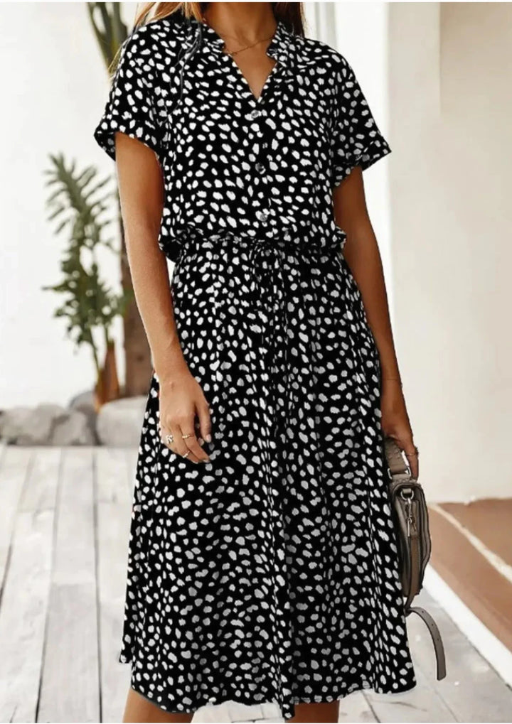 Abito midi donna a pois con laccetto in vita e maniche corte