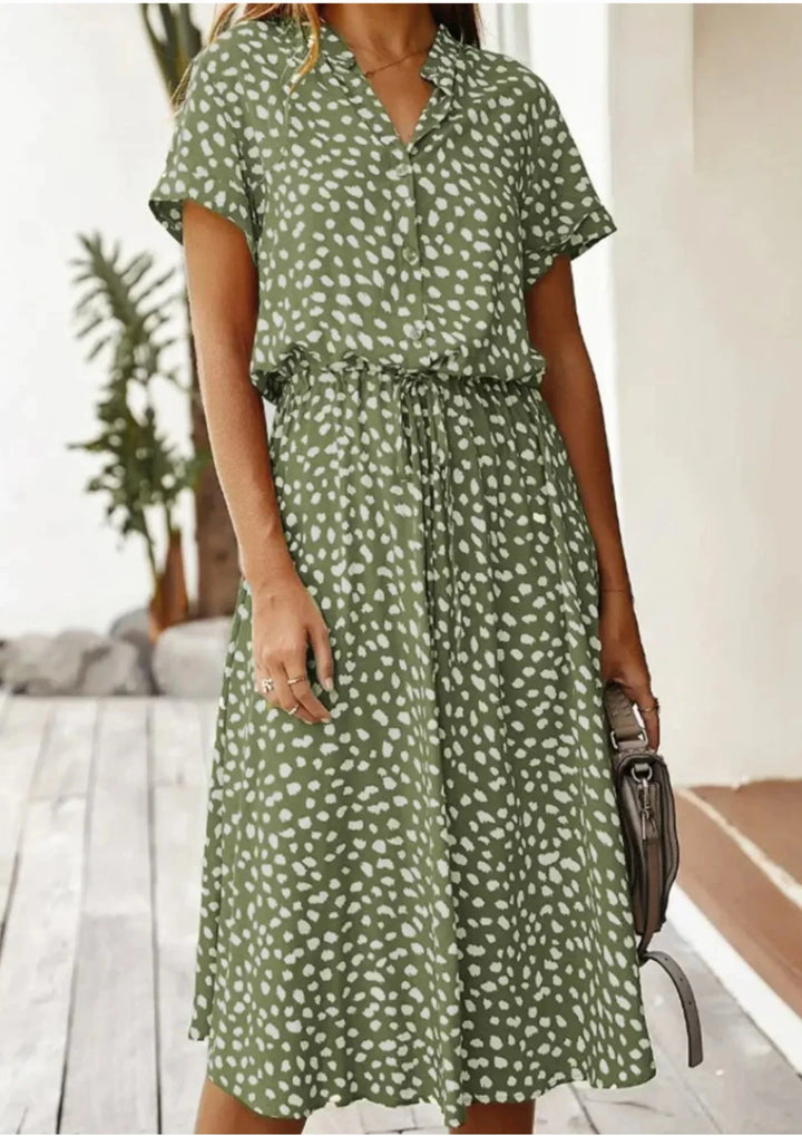 Abito midi donna a pois con laccetto in vita e maniche corte
