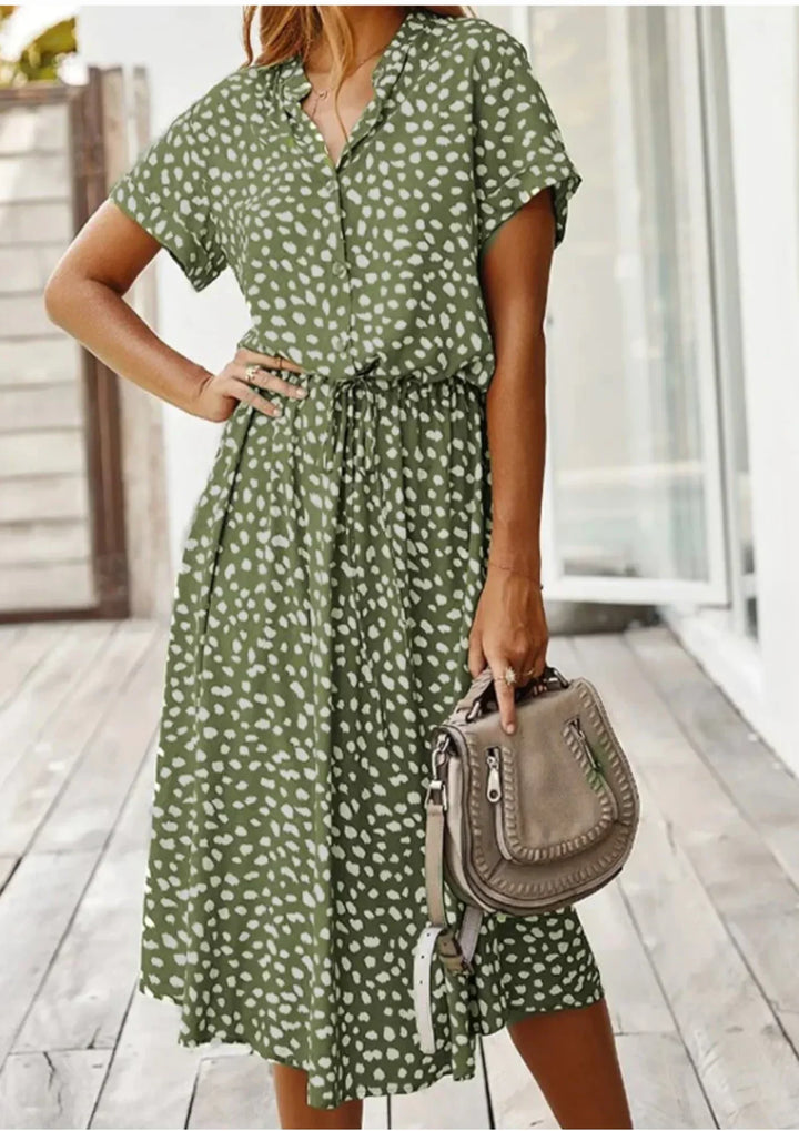 Abito midi donna a pois con laccetto in vita e maniche corte