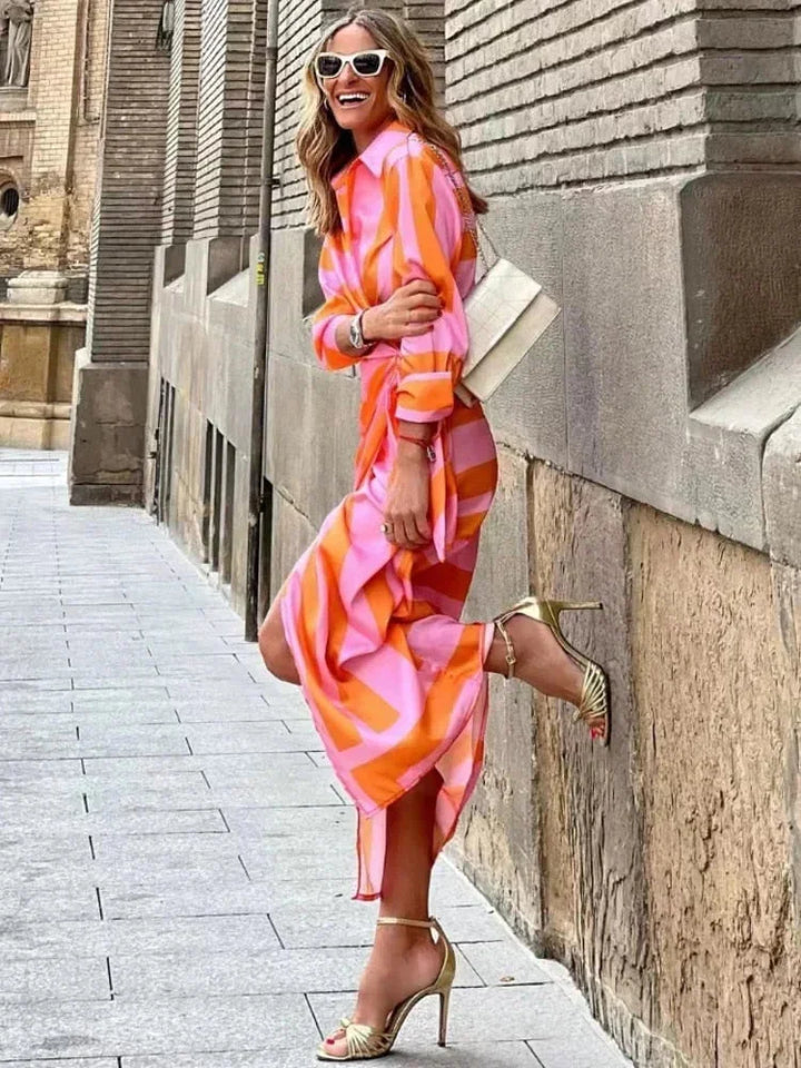 Abito midi portafoglio donna maniche lunghe con motivi geometrici