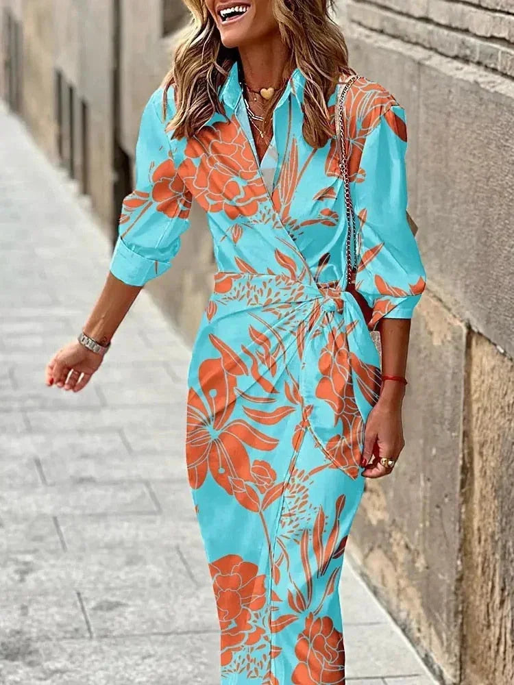 Abito midi portafoglio donna maniche lunghe con motivi geometrici