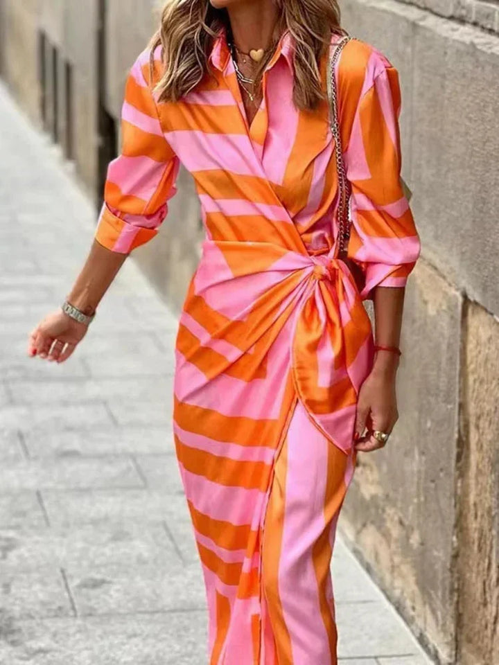 Abito midi portafoglio donna maniche lunghe con motivi geometrici