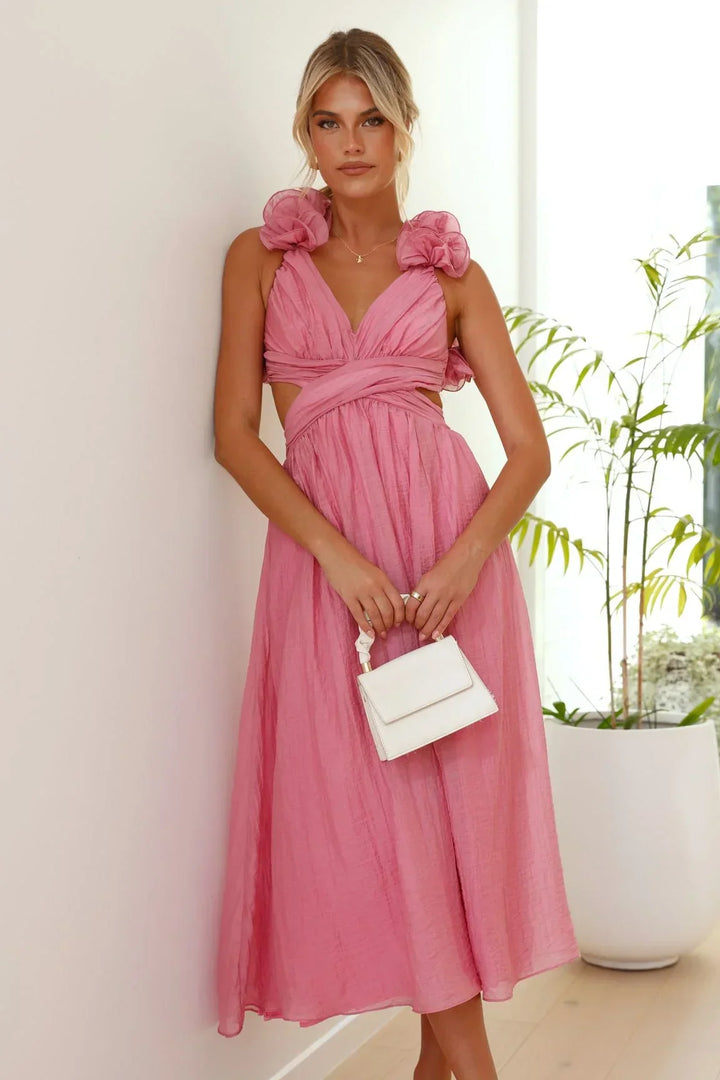 Abito midi donna rosa con volant sulle Spalle