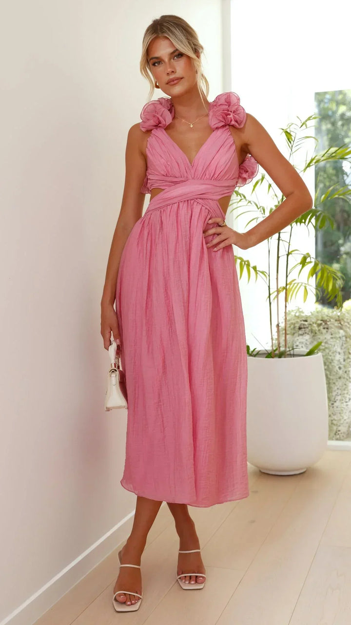 Abito midi donna rosa con volant sulle Spalle