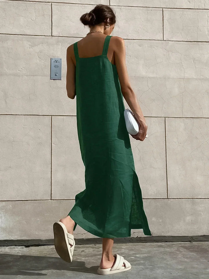 Abito midi donna svasato senza maniche con spacco estivo