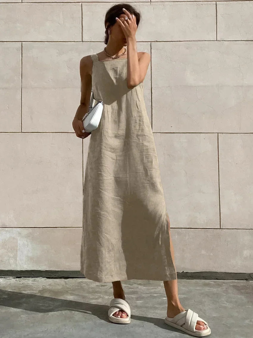 Abito midi donna svasato senza maniche con spacco estivo