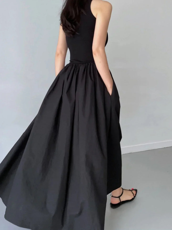 Abito midi donna senza maniche con gonna arricciata