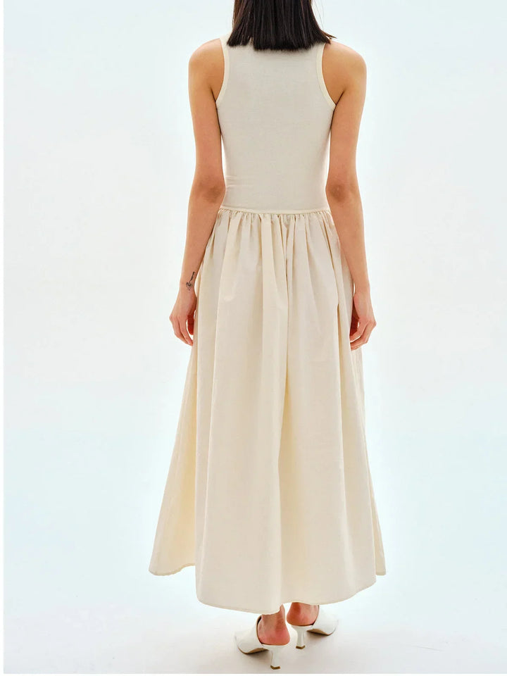 Abito midi donna senza maniche con gonna arricciata