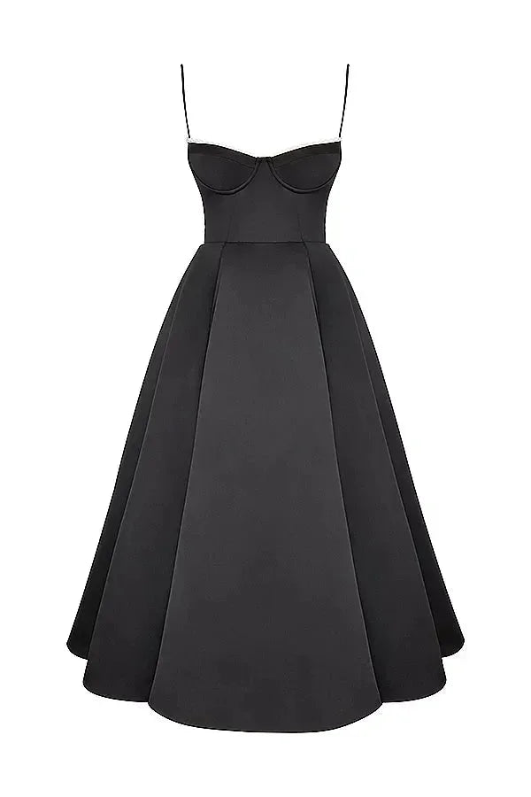 Abito midi nero satinato spalline sottili tulle crema