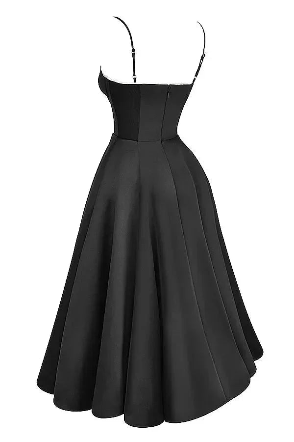 Abito midi nero satinato spalline sottili tulle crema