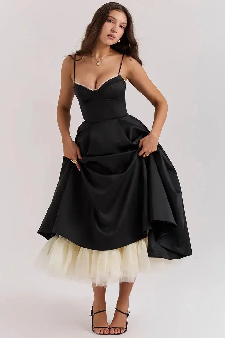 Abito midi nero satinato spalline sottili tulle crema