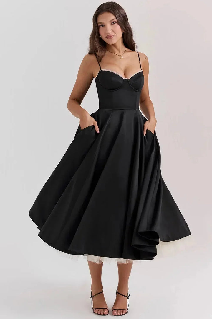 Abito midi nero satinato spalline sottili tulle crema