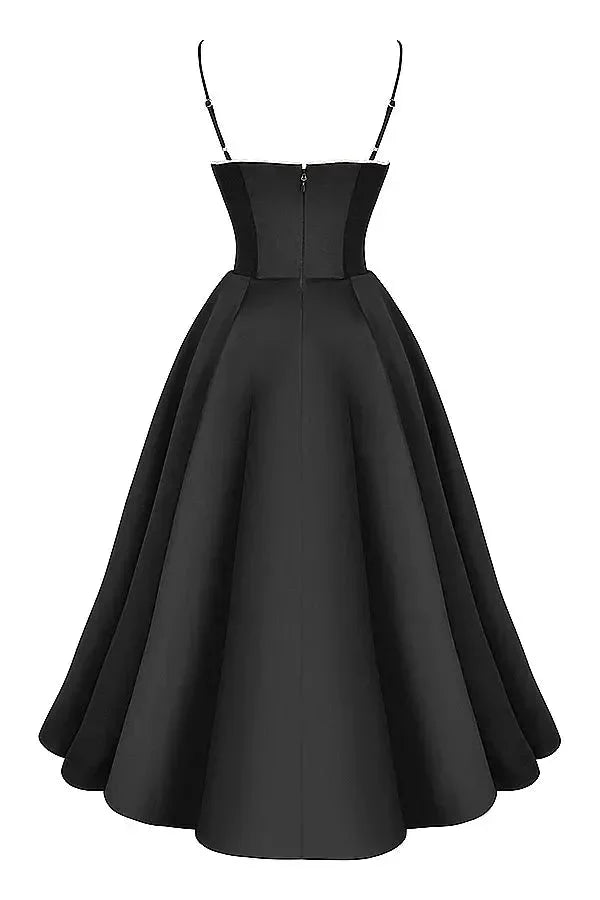 Abito midi nero satinato spalline sottili tulle crema
