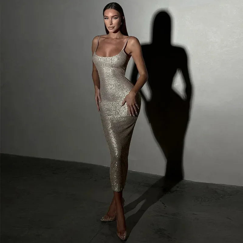 Abito midi donna scintillante con spalline per serata cocktail