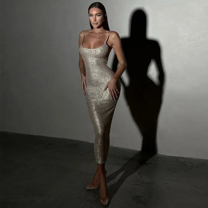 Abito midi donna scintillante con spalline per serata cocktail