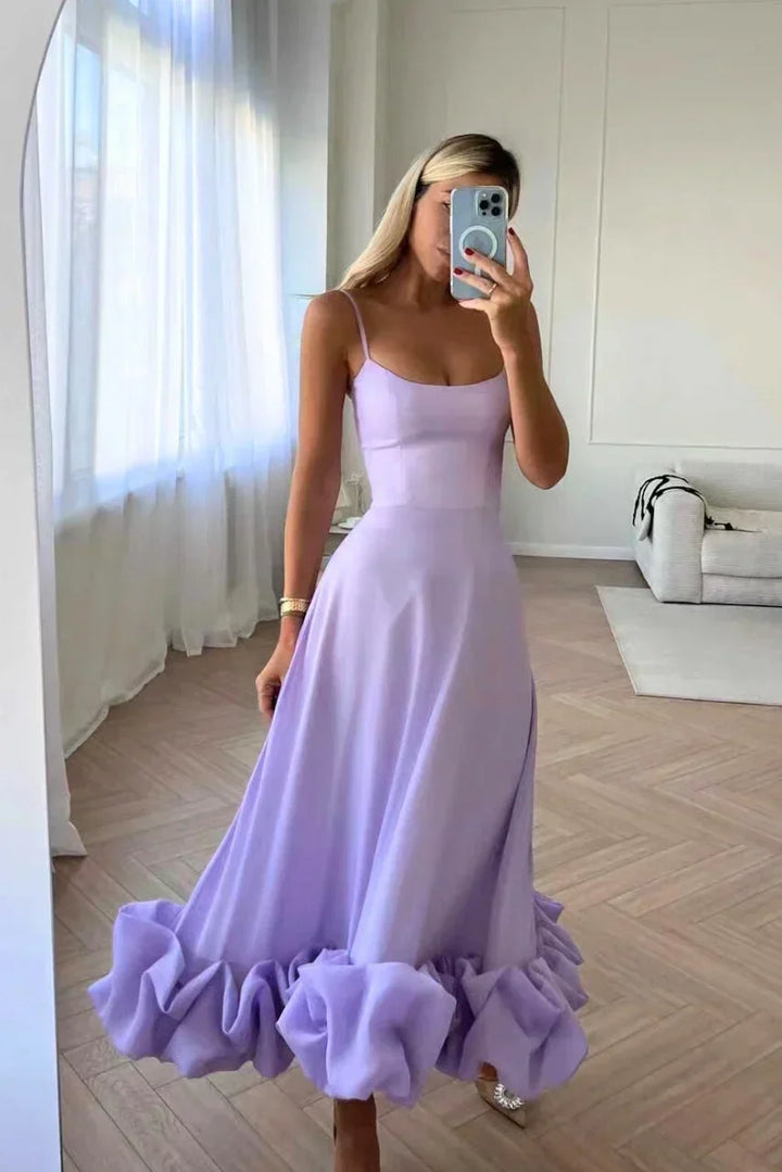 Abito midi donna con volant e spalline sottili