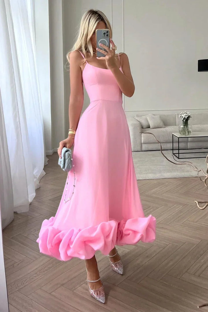 Abito midi donna con volant e spalline sottili